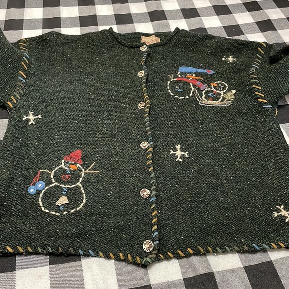 Woolrich Pure New WOOL Button Christmas Snowmen Sweater Tree Snowflakes Cardigan - Picture 5 of 13